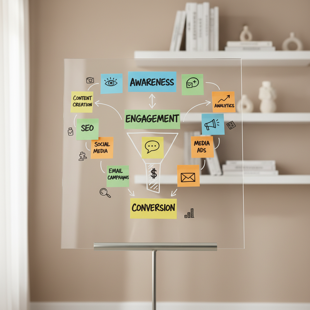 A minimalist studio photo of a crystal-clear acrylic board propped on a sleek stand, covered with precise, color-coded sticky notes and arrows outlining a digital marketing funnel and content strategy. Keywords like "Awareness," "Engagement," and "Conversion" are legible, with small icons hand-drawn beside them. The board stands in front of a softly blurred neutral wall and a faint outline of shelves holding neatly stacked books and decor. Gentle, diffused daylight from the side creates subtle reflections on the acrylic surface without overpowering glare. Shot straight-on at eye level, with a moderately shallow depth of field, the board is in tack-sharp focus, symbolizing clarity, structure, and strategic thinking for a social media marketing portfolio.