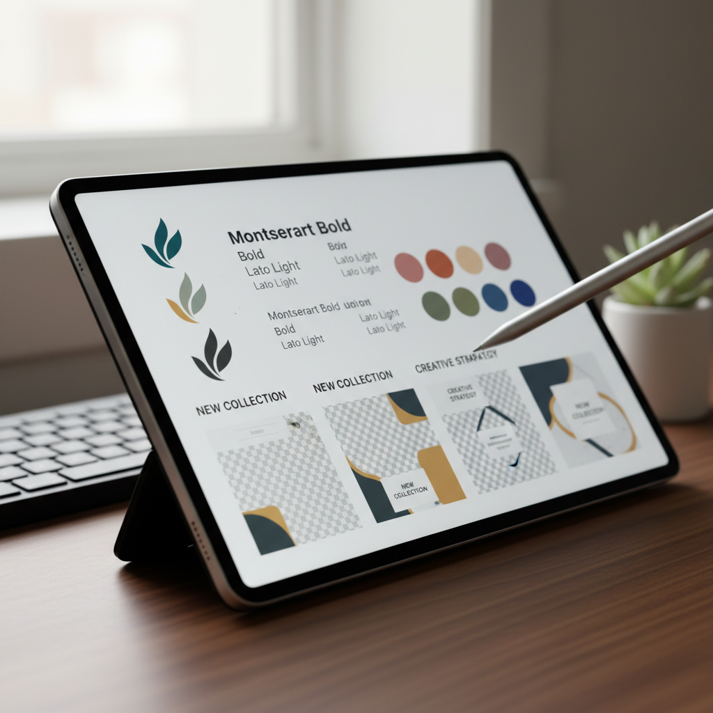 A cinematic, photographic close-up of a tablet stylus hovering above a high-resolution tablet screen that displays a detailed social media branding board: logo variations, font pairings, color swatches, and sample post templates in a cohesive, modern palette. The tablet rests on a smooth, dark wooden desk, with only the edge of a keyboard and a small, blurred succulent visible in the background. Soft side lighting from an unseen window catches the edges of the stylus and tablet, adding gentle highlights and micro-textures. The shallow depth of field keeps the stylus tip and branding board in crisp focus while everything else drops away into a creamy bokeh, creating an intimate, focused, and highly professional mood perfect for showcasing design skills.