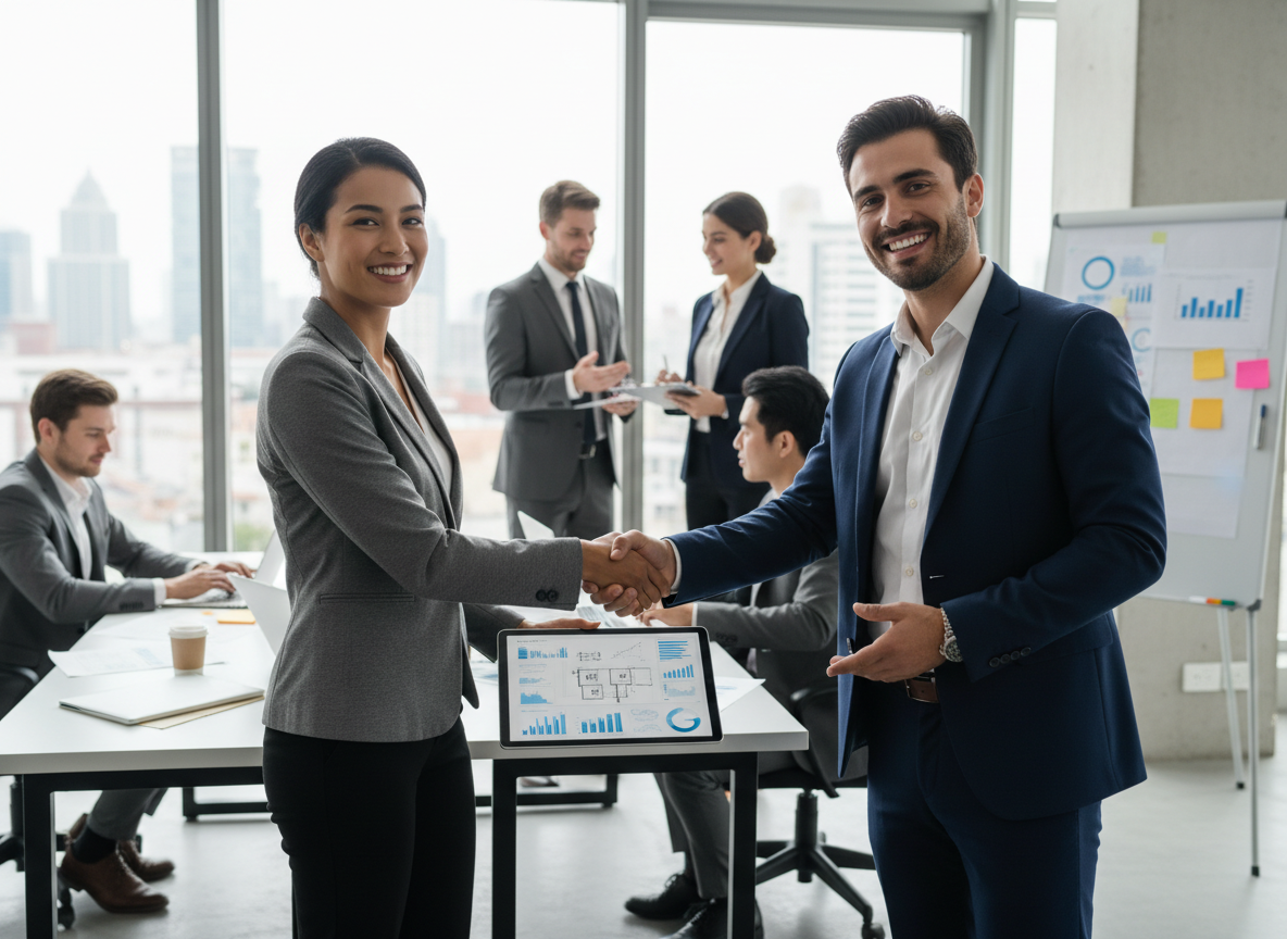 Professional collaboration and teamwork - two people working together on a project, shaking hands, or collaborating in a modern office setting